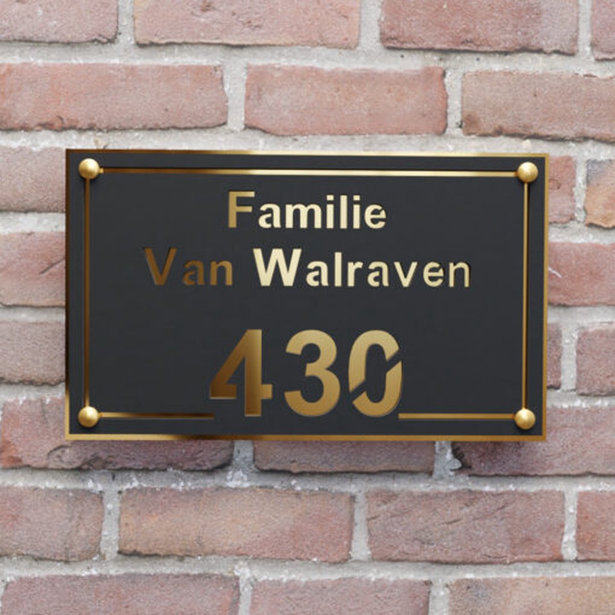 Naambordje voordeur - Huisnummerbord - Rechthoek kader - 25x15 - zwart/goud - RVS afstandshouders