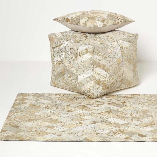 Homescapes Pouf en cuir tacheté or, 50 x 50 x 40 cm