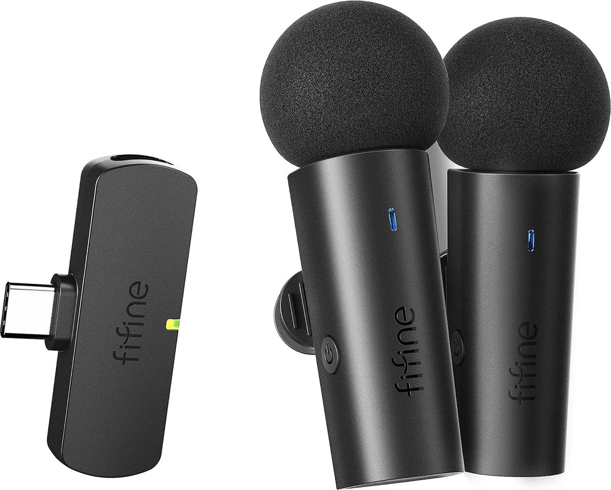 FIFINE - M8 - Dasspeld Microfoon - Draadloos Systeem - Lavalier - 2 Microfoons - USB-C - Telefoon / Tablet / PC