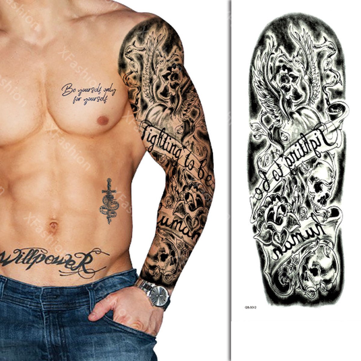 Tattoo Sleeve - Zwart Wit Tekst Bloemen Rozen Doodshoofd - Neptattoo Lichaam en Gezicht - Tijdelijke Henna Plak Tattoos - Nep Tatoeage - Fake Temporary Tattoo - Festival Make-up Outfit Volwassenen Kinderen