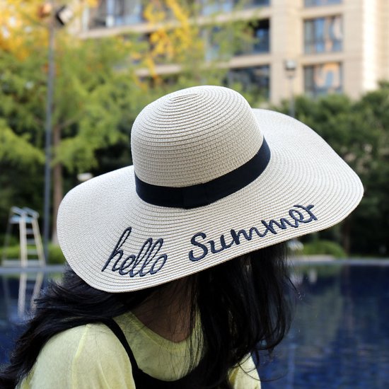 Decopatent - Chapeau de Soleil Femme - Hello Summer - Chapeau d'été - Chapeau de Paille UV - Chapeau de Plage à Large Bord - Chapeau pour Adultes - Couleur : Naturel
