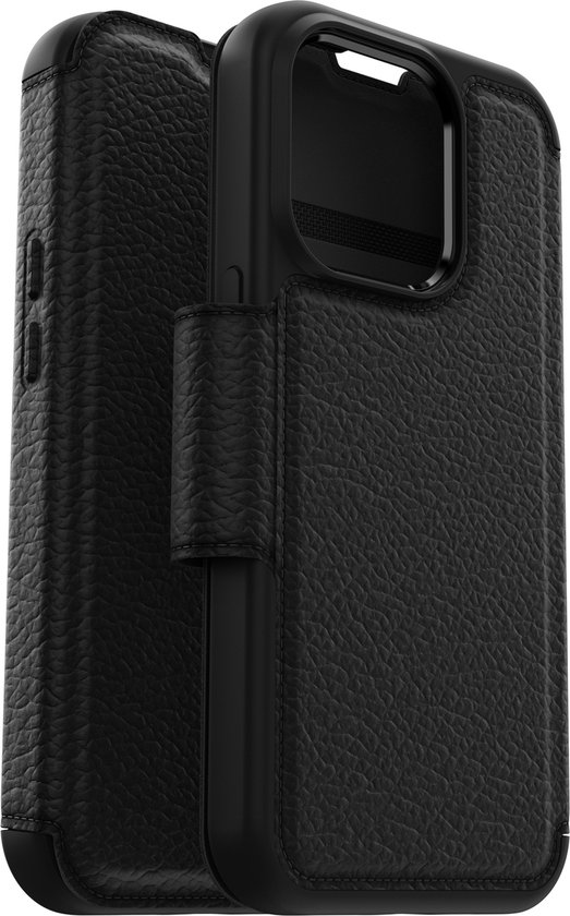 Étui livre OtterBox Strada noir texturé cuir, avec rabat à boucle, vu avec le rabat fermé.