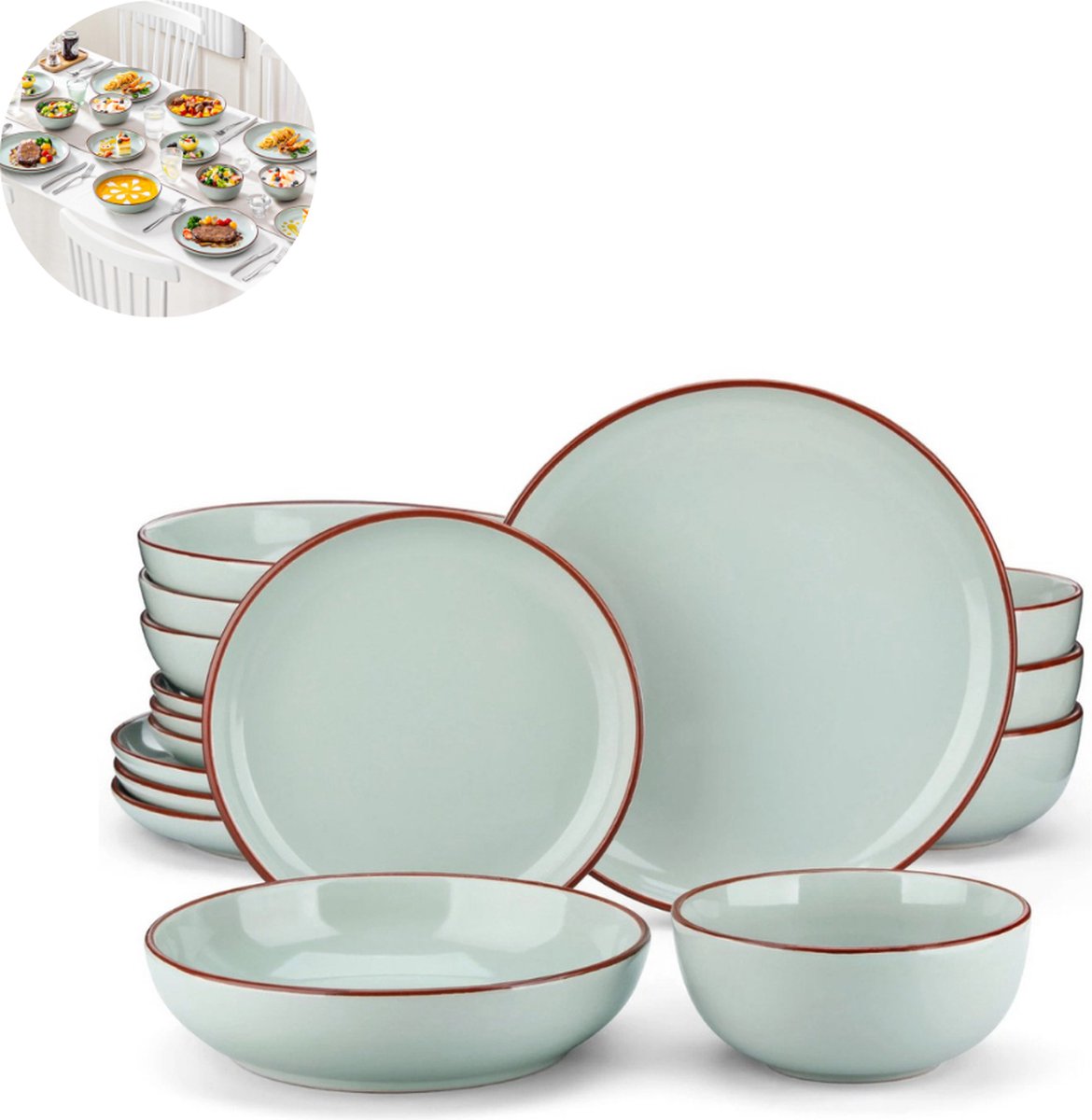 LBB Luxe Serviesset – 32 delig – 8 persoons – Porselein - Bordenset – Dinner platen – Dessertborden - Kommen - Mokken - Schaaltjes - Jade - Nimf