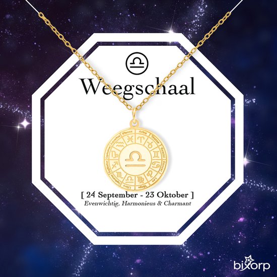 Gouden medaillon met Weegschaal symbool aan ketting, zwevend boven een kaart met sterren.