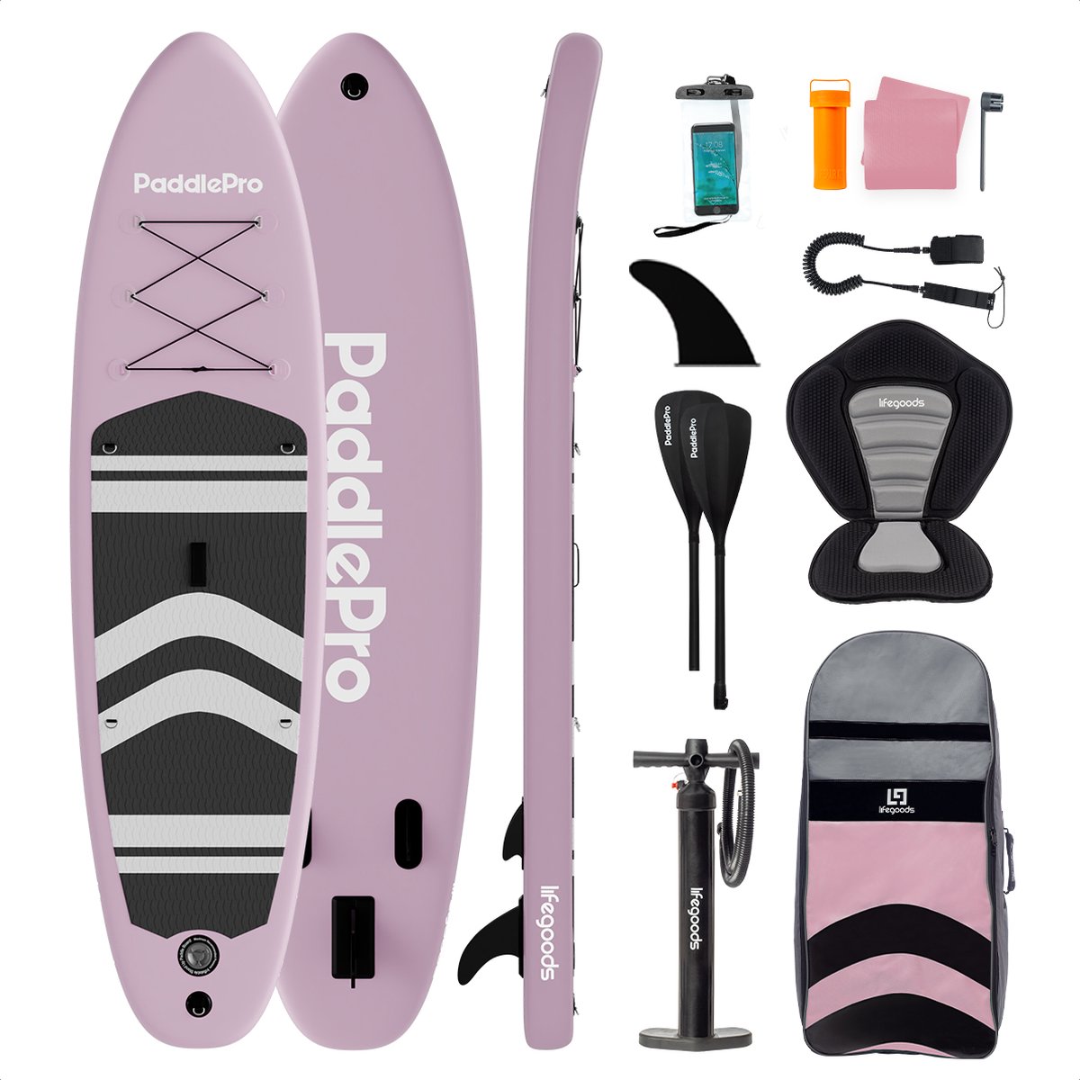 LifeGoods PaddlePro SUP Board - met Zitje - Opblaasbaar Paddle Board - Complete Set - Max. 150KG - 320x81cm - Rose