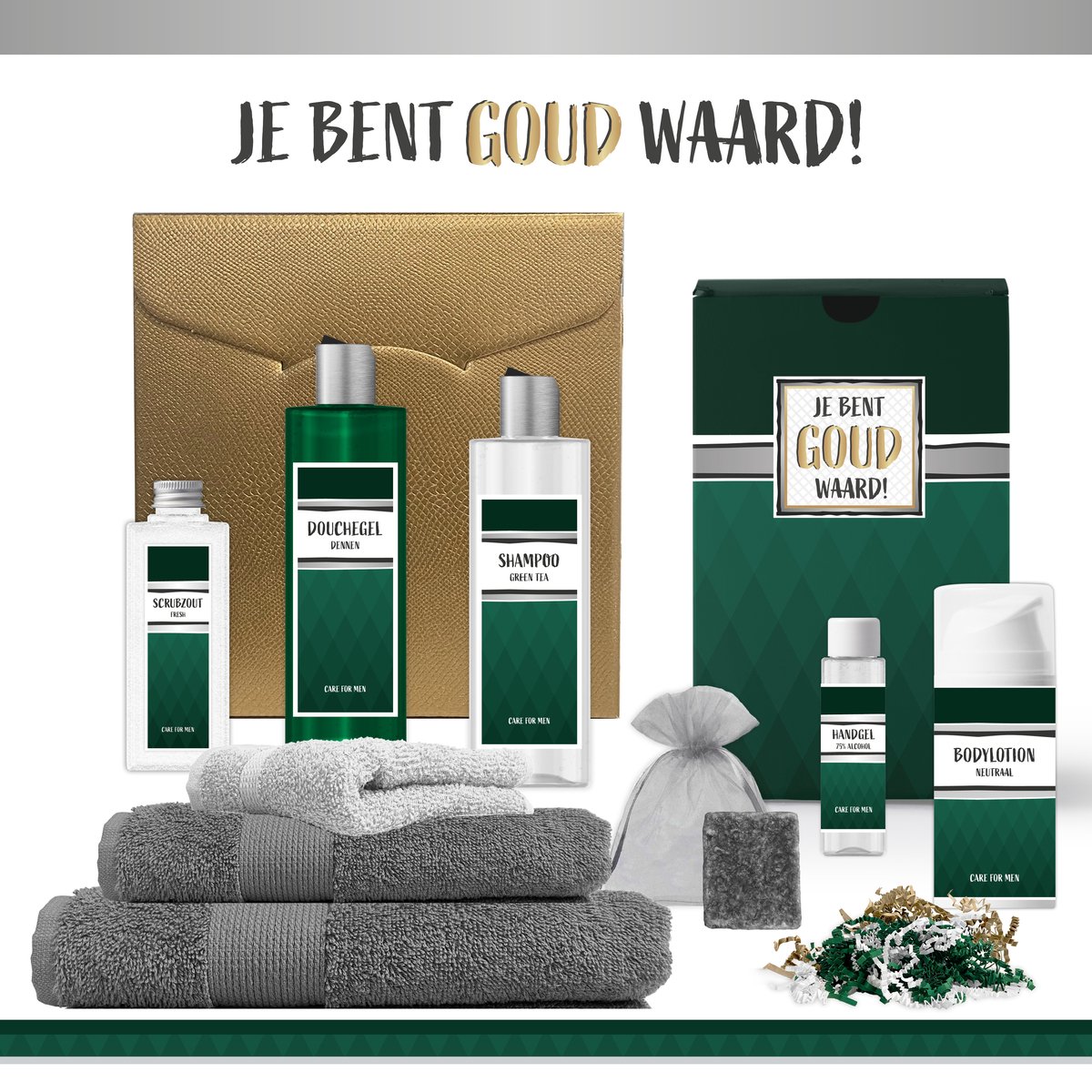 Goedkoopste Geschenkset Je Bent Goud Waard - 9 Producten - 1275 Gram | Luxe Cadeaubox voor hem - Wellness Pakket Man - Giftset Collega Wernemer Vrijwilliger Zorgwerker - Cadeaupakket Bedankt - Kerst Cadeau - Gift Verjaardag Vaderdag - Kerstpakket - Groen Goud