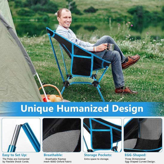 Gearific Lichtgewicht opvouwbare campingstoel met hoge rugleuning, outdoor campingstoel, draagbare rugzakstoel, voor camping, strand en reizen, met compacte draagtas (zwart