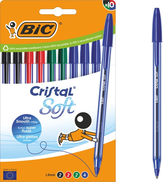BIC Cristal Soft Balpen met Softline Inkt - Diverse Kleuren - Doos van 10 - Medium Punt 1.2 mm