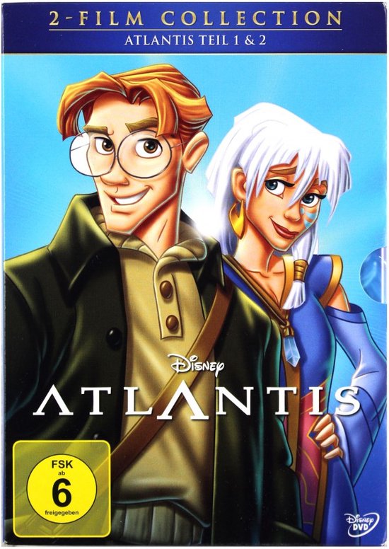 De cover van de 2-film collectie Atlantis, met Milo en Kida die naar de kijker glimlachen. Bovenaan staat '2-FILM COLLECTION' en 'ATLANTIS TEIL 1 & 2'.