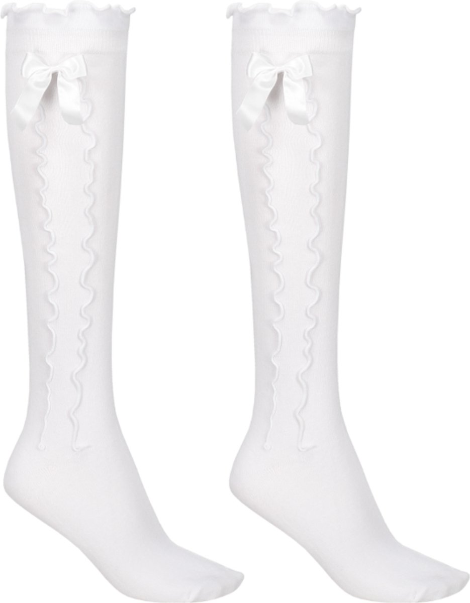 Haus Huberts Oktoberfest Kniekousen Dames - Met Strik - Wit - Tiroler Kousen - Oktoberfest Dames - Maat 39-42