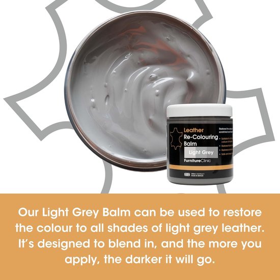 Foto: Leer balsem kleur licht grijs light grey kleur herstel en beschermen van versleten leer en lederwaar leather re colouring balm colour restorer for sofas leather colour repair for faded scratched leather upholstery car seats shoes