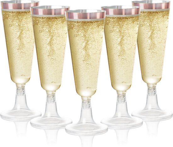 MATANA - 24 Herbruikbare Plastic Champagneglazen 150ml - met Roségouden Rand