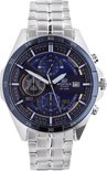 Zilverkleurig Casio Edifice horloge met donkerblauwe wijzerplaat en datumvenster.