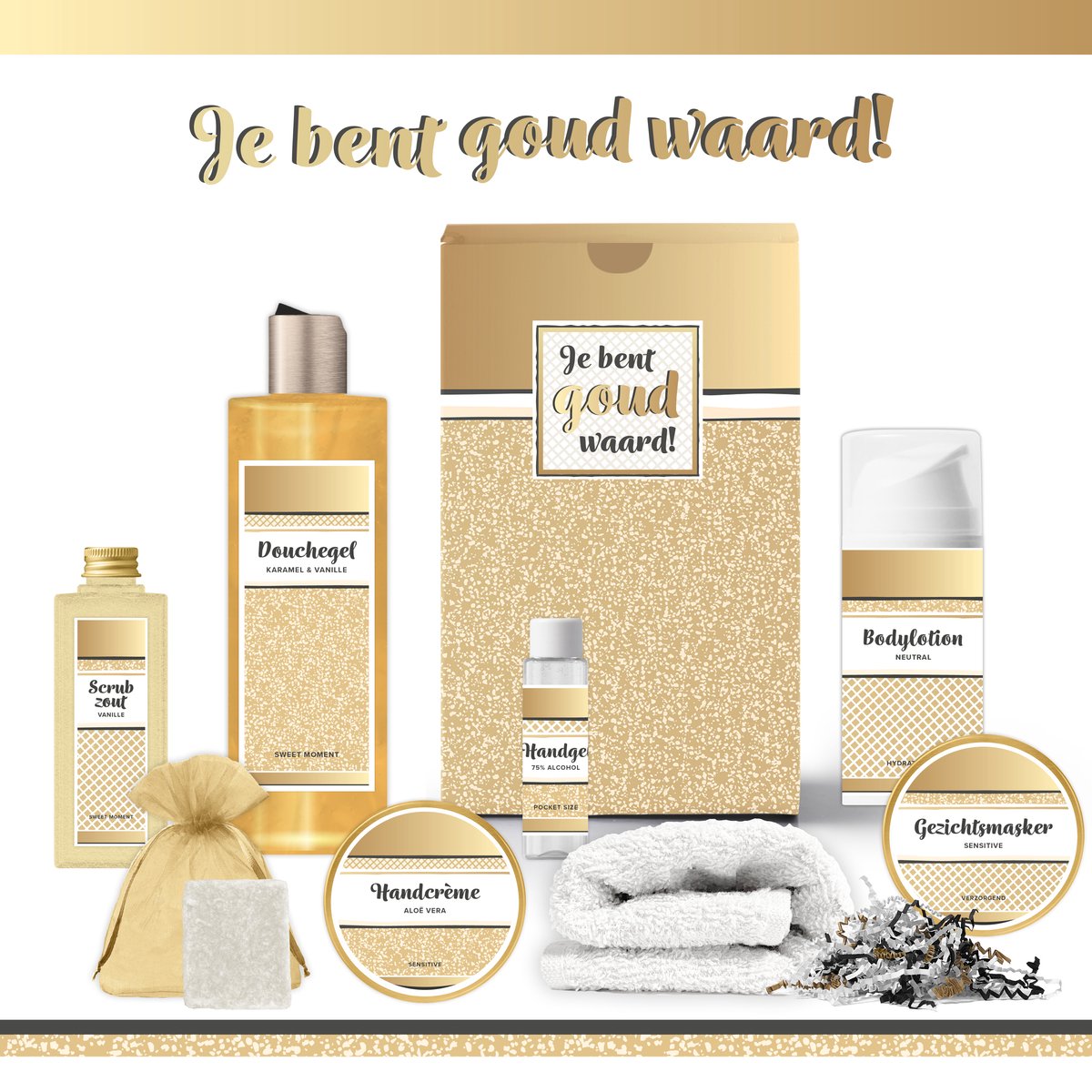 Goedkoopste Geschenkset “Je bent goud waard!” - 8 producten - 800 gram | Cadeau Vrouw - Wellness Pakket Vrouw - Giftset Vriendin - Moeder - Cadeaupakket Collega - Cadeau Zus - Verjaardag Oma - Moederdag - Kerstpakket - Kerst Cadeau - Goud