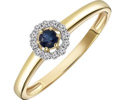 Lucardi Dames Ring saffier en 12 diamanten 0,08ct - Ring - Cadeau voor vrouwen - 14 Karaat Goud - Geelgoud