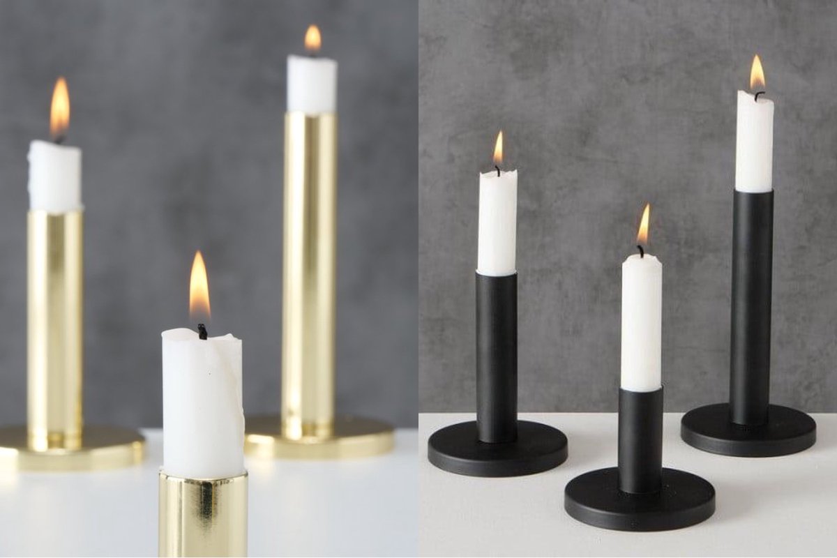 2 Kaarsenstandaardsets - Set Zwart + Set Goud (6-delig) - Metaal Rond – Boltze Home Malko - Ø9 cm x H16/12/8 cm