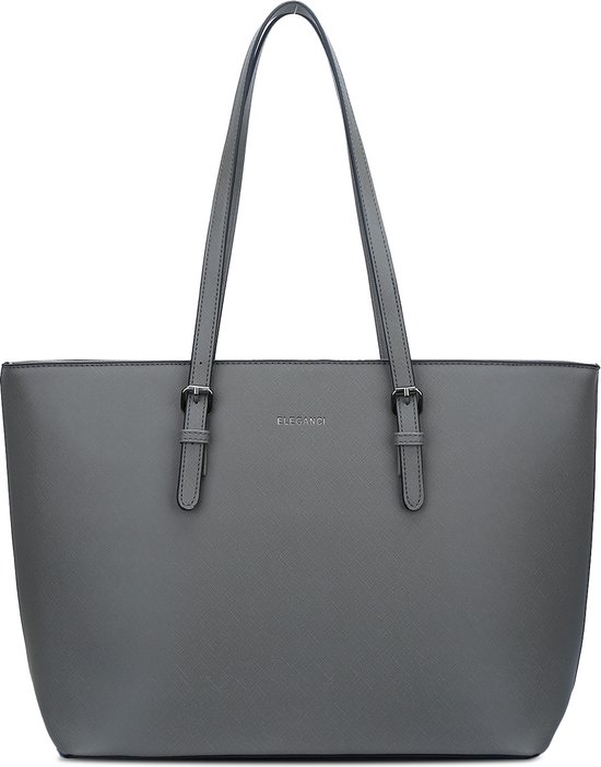 Grijze shopper tas van Eleganci met handvatten en het logo "ELEGANCI", op een witte achtergrond.