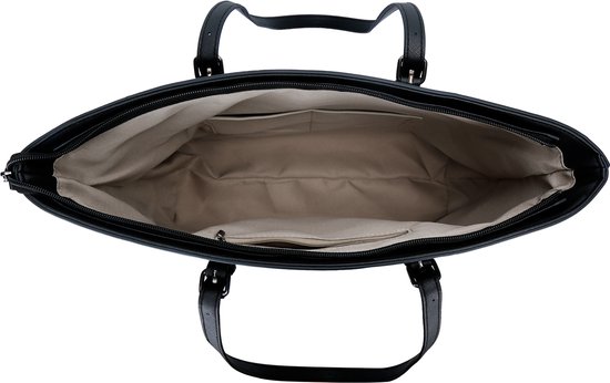 Open zwarte Eleganci shopper, van bovenaf gezien, met beige voering en binnenvakken.