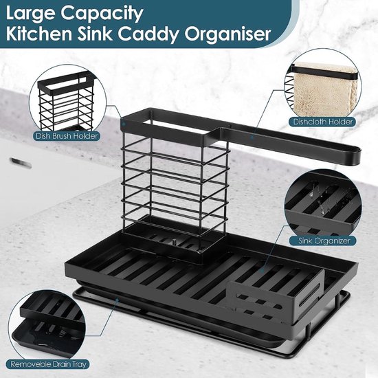 COITROZR Spoelbakorganizer, gootsteenorganizer, zwart, gootsteenorganizer, roestvrij staal met spoeldoekhouder, afvoerpan, sponshouder, spoelorganizer, gootsteenorganizer, smal