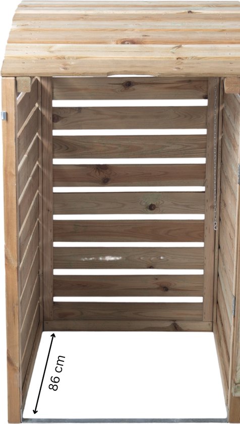 Open voorkant van een houten containerombouw, met diepteaanduiding van 86 cm.