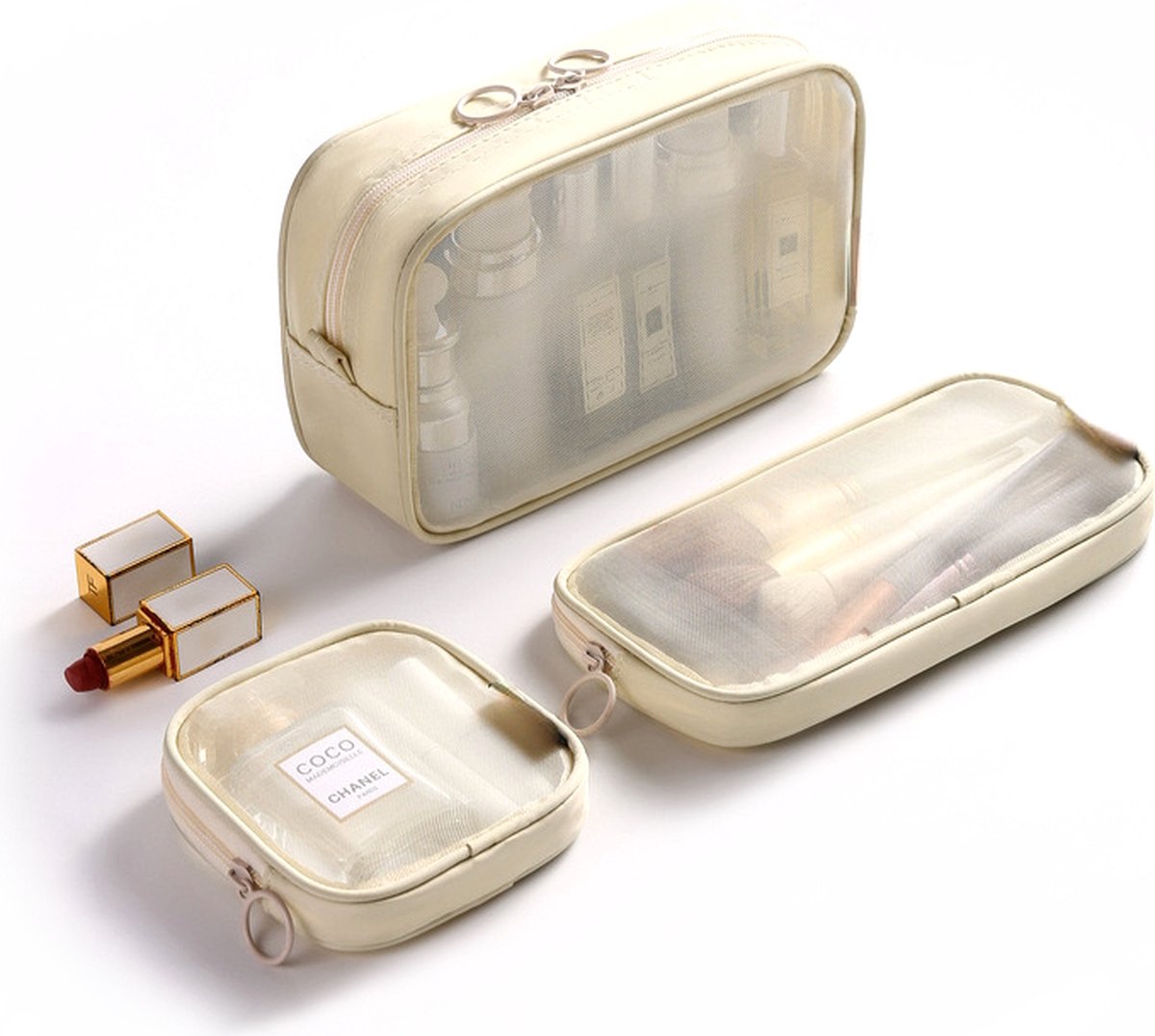3-in-1 Toilettas - Beige | 22 x 14 x 6,5 cm | Polyester / Metaal | Fashion Favorite