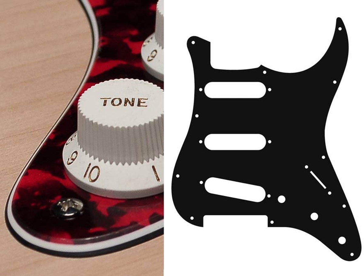 Boston ST-313-RR pickguard, Stallion, standard, SSS, 3 pot holes, 3-5 switch, 3 ply, tiger red