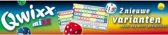 De voorkant van de Qwixx Mixx speldoos toont een reeks gekleurde scorekaarten en dobbelstenen, met de tekst "2 nieuwe varianten".