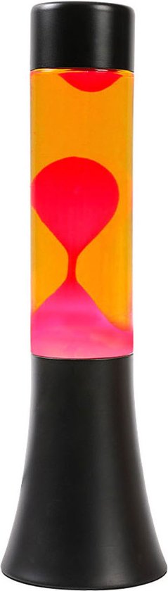 Een iTotal lavalamp met een zwarte voet, rode lava die opstijgt in oranje vloeistof en roze gloed.