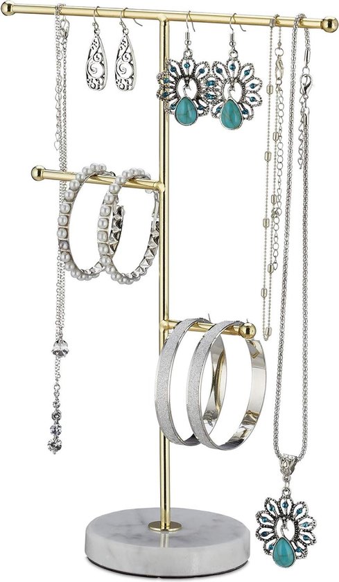 Relaxdays sieradenhouder goud, marmer, rond, 3 metalen stangen, voor kettingen, oorbellen & armbanden, HxD 35x18 cm