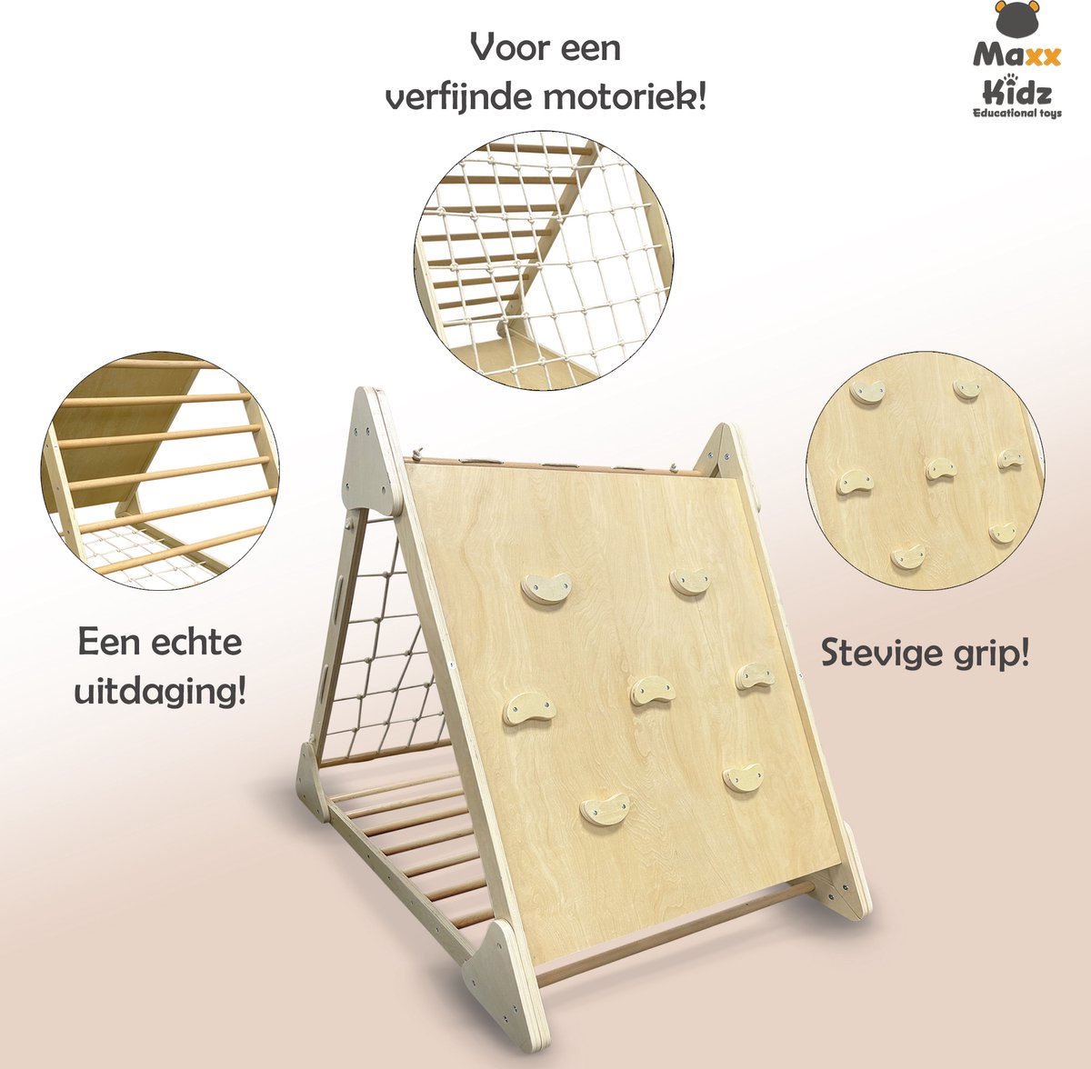 Maxx kidz - Houten Klimrek XL - Pikler Speeltoestel voor Binnen en Buiten - Klimdriehoek met 3 Verschillende Zijden - Hout Speelgoed — afbeelding 4