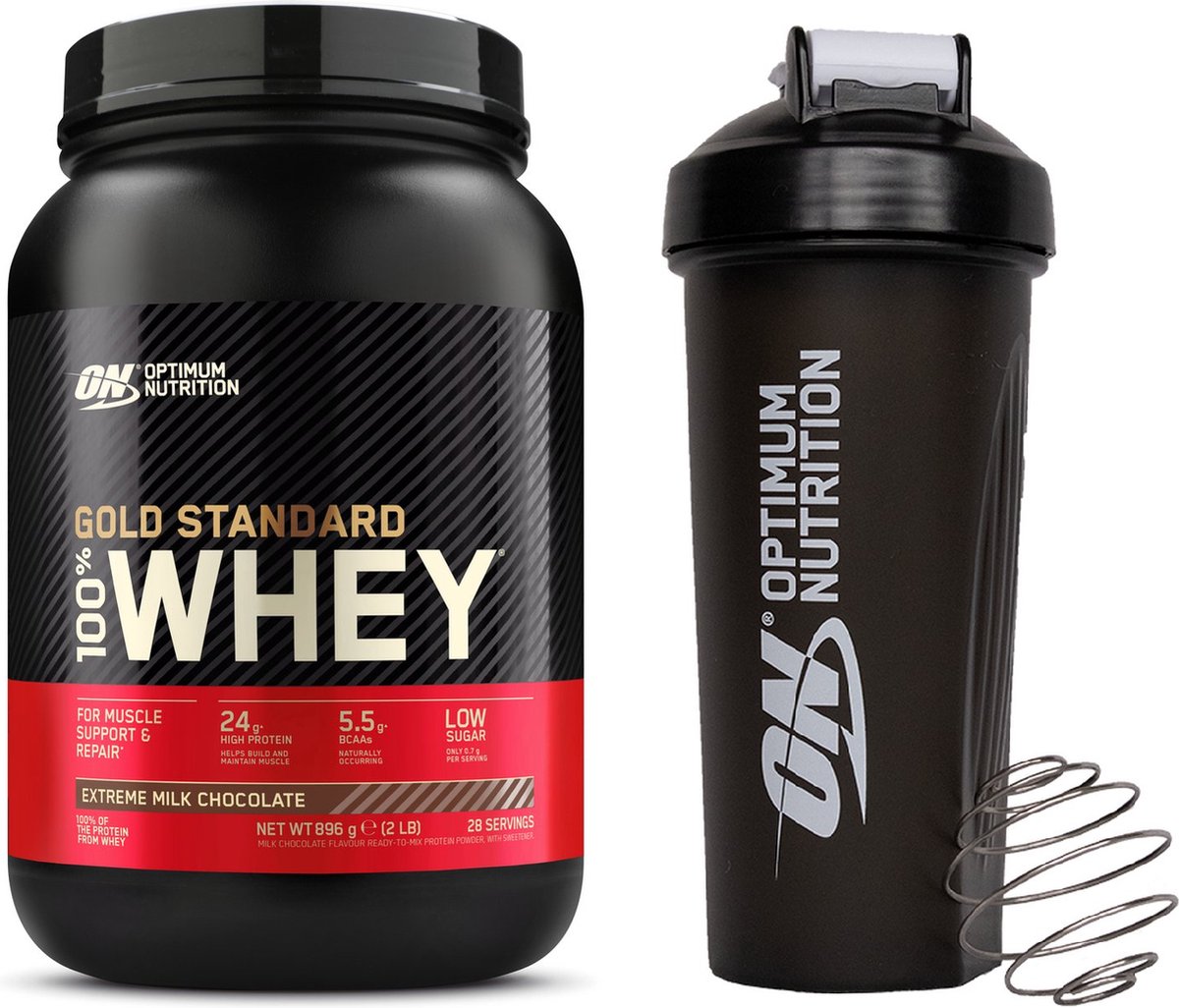 Goedkoopste Optimum Nutrition Gold Standard 100 Whey Protein Bundel – Extreme Milk Chocolate Proteine Poeder ON Shakebeker – 900 gram (28 servings