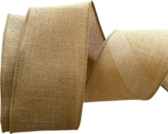 Kerst Lint met IJzerdraad | Linnen Lint | Luxe Weefband 63mm (6,3cm) | Effen Licht Bruin Naturel | Stoffen Lint | Decoratielint | Cadeaulint | Lengte: 3 Meter