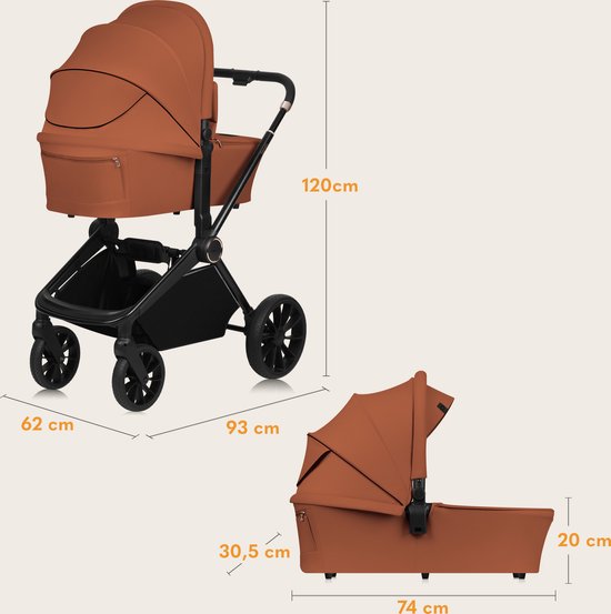 Afmetingen van de roestbruine kinderwagen met wieg en van de losse wieg.