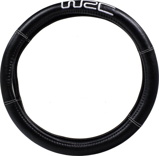 Zwarte WRC stuurhoes met witte stiksels en WRC logo.