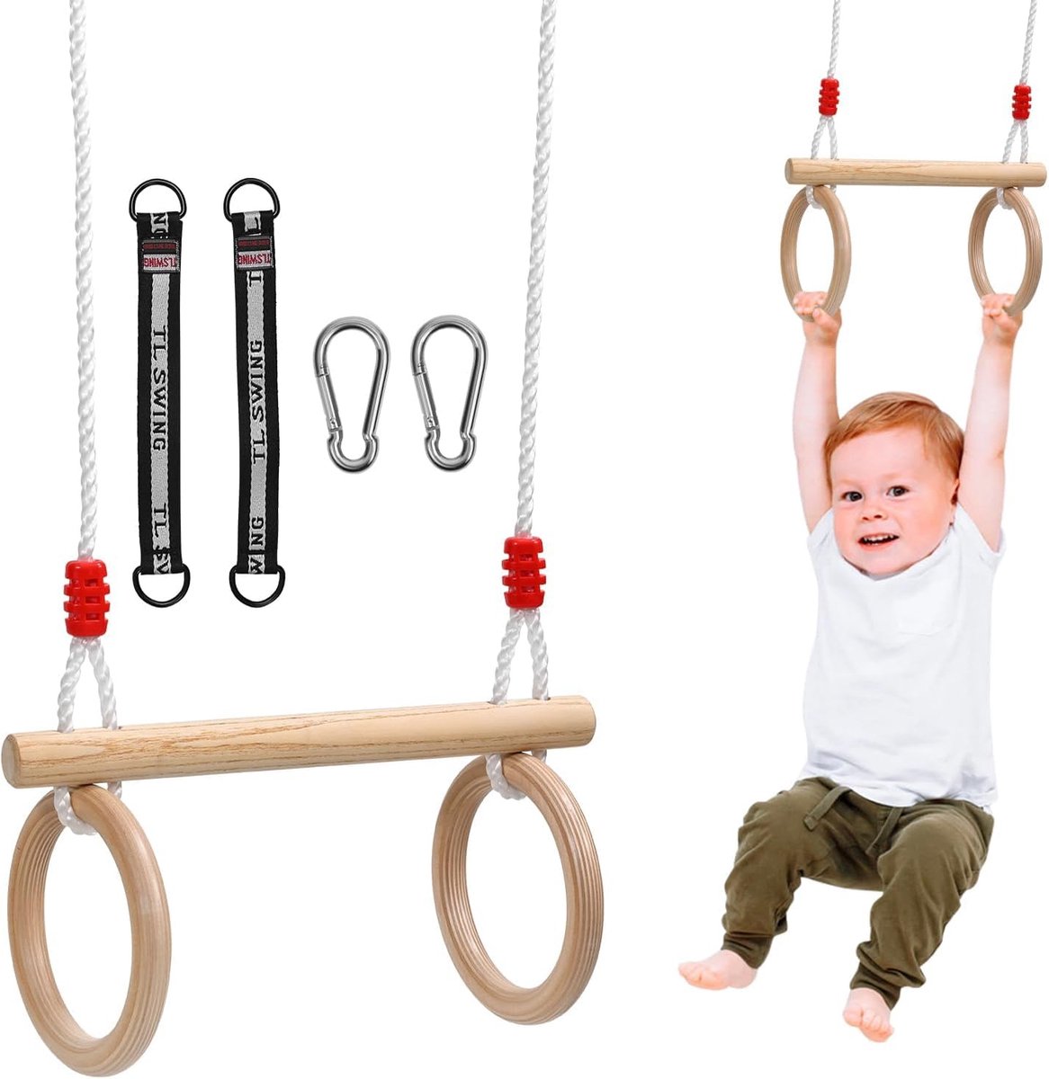 Goedkoopste Luvetrex ® Houten Gymnastiekringen en Schommel voor Kinderen, Binnen- en Buitengebruik, Maximaal 50 kg