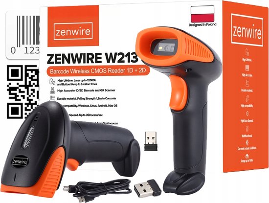 Zenwire Barcode Scanner W213 - Professionele Handscanner voor 1D Barcodes & 2D QR Codes - Scannen van Papier en van Beeldscherm - Plug&Play - Draadloos - Bereik tot 150 meter - Nauwkeurigheid scannen: 4mil