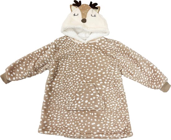 Een bruine, oversized hoodie deken met witte stippen, een teddy voering en een hertencapuchon, platliggend.