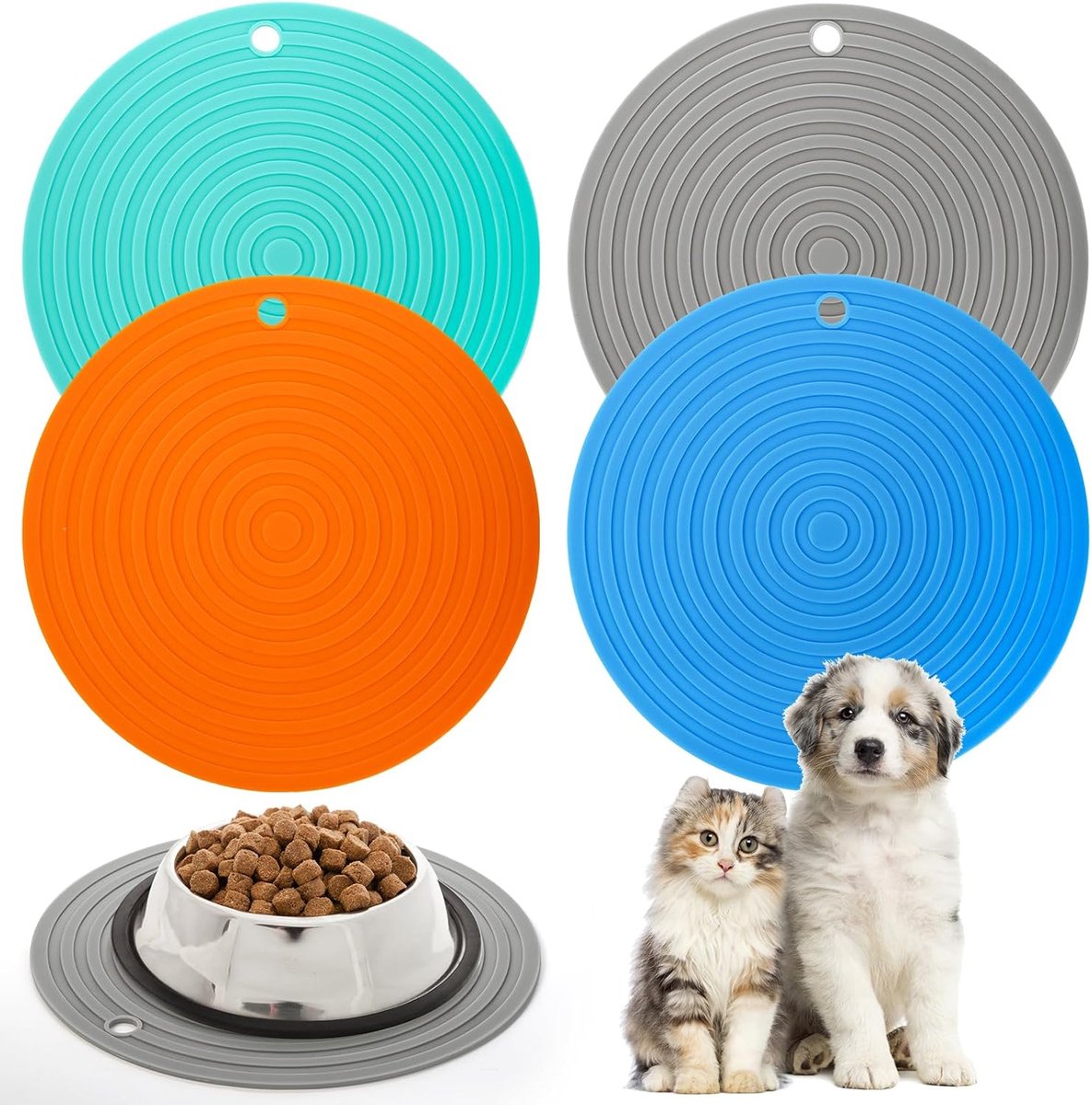 4 stks 24 cm Siliconen Huisdier Voeden Mat Antislip Hondenvoer Mat Water Kom Mat Waterdichte Kat Kom Mat voor Huisdieren Vaatwasmachinebestendig 4 Kleuren Rond