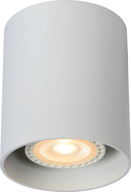 Spot de plafond cylindrique blanc avec une source lumineuse LED intégrée et chaude.