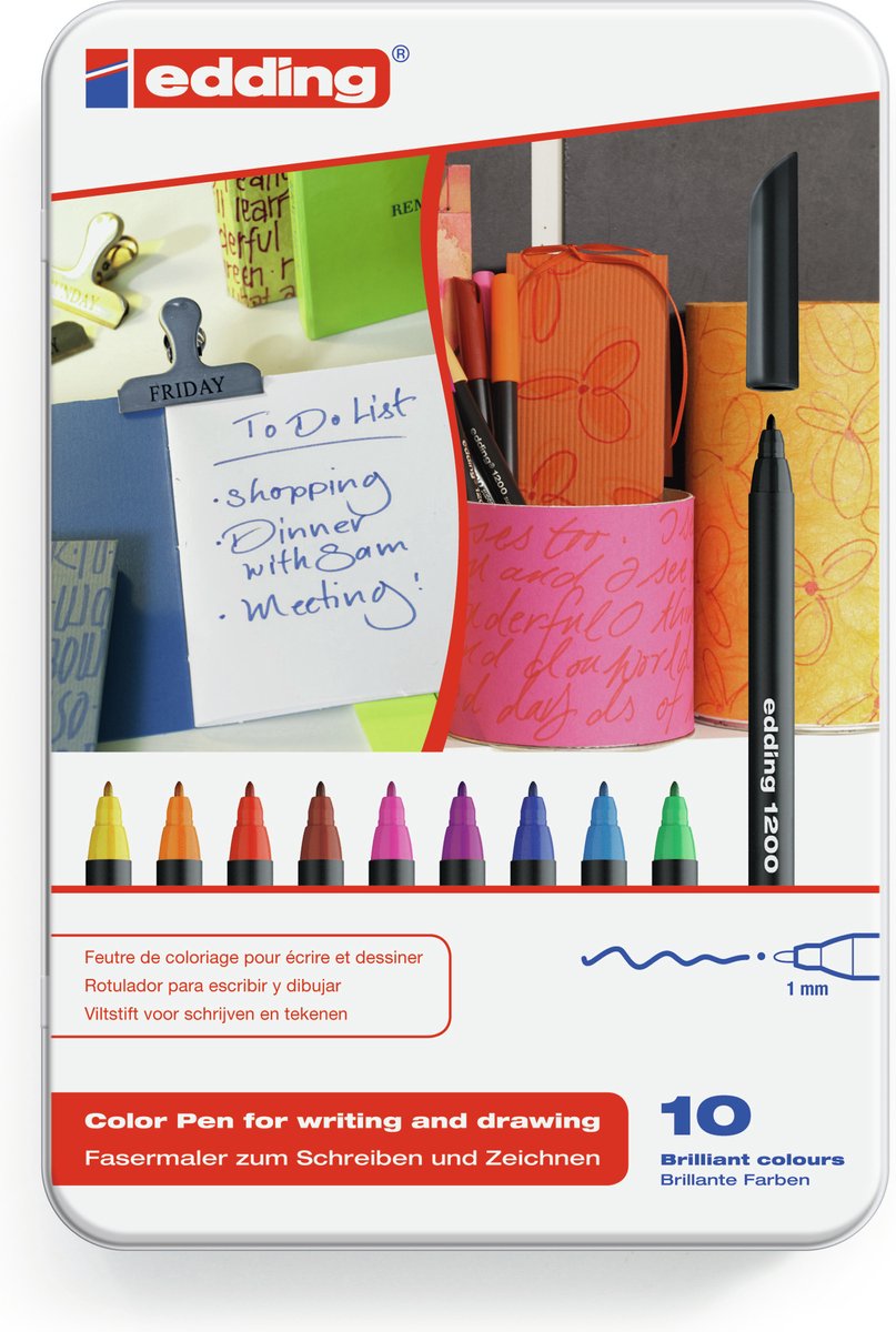 edding 1200 viltstift fijn - zwart rood blauw groen geel oranje bruin violet roze lichtblauw - set met 10 heldere kleuren - ronde punt 1mm - viltpunt voor tekenen en schrijven - voor school of mandala — afbeelding 9