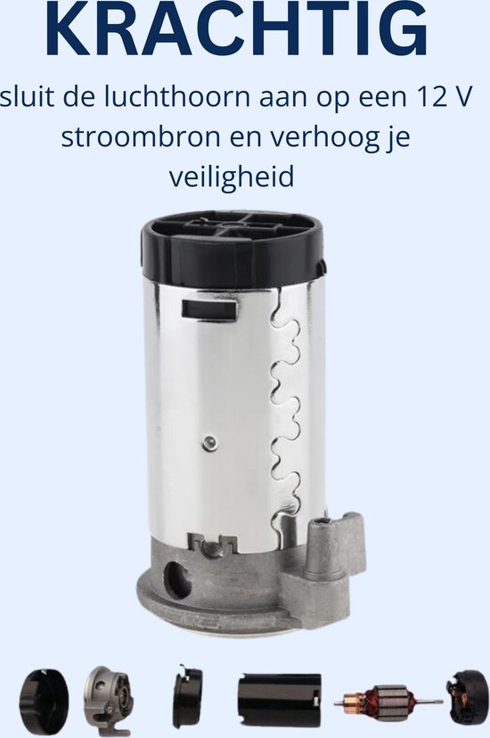Gedemonteerde compressor voor luchthoorn, met tekst 'Krachtig'.