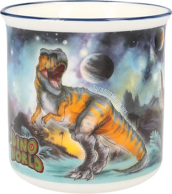 Witte mok met een print van een T-Rex dinosaurus in een buitenaardse setting, met planeten en sterren. De tekst 'DINO WORLD' staat aan de zijkant.