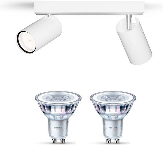 Plafonnier Philips blanc avec deux spots, incluant deux ampoules LED GU10 PHILIPS.
