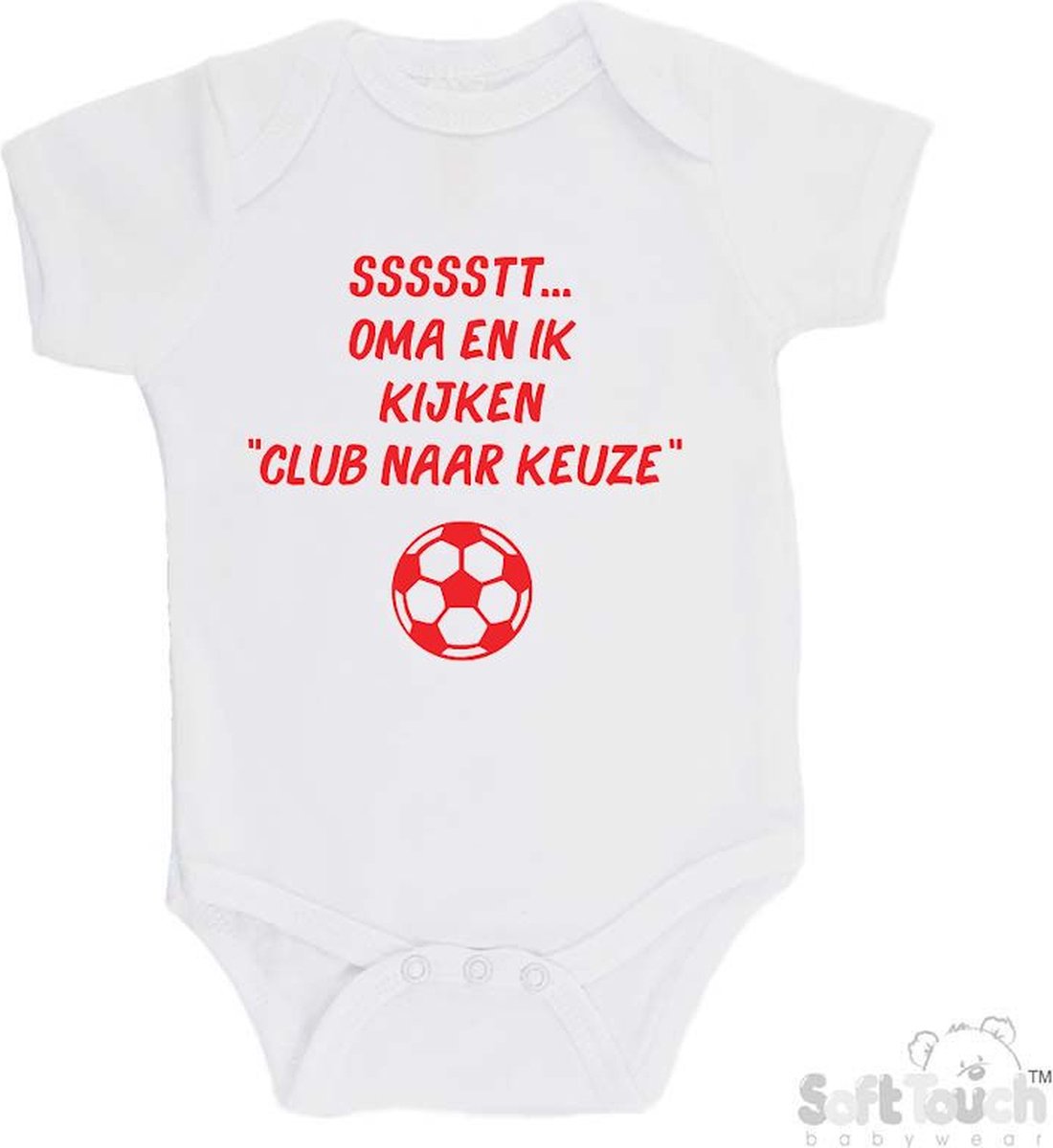 Soft Touch Romper Gepersonaliseerd Voetbal Club naar Keuze "ssssstt Oma en ik kijken ...." Unisex Katoen Wit/rood Maat 62/68