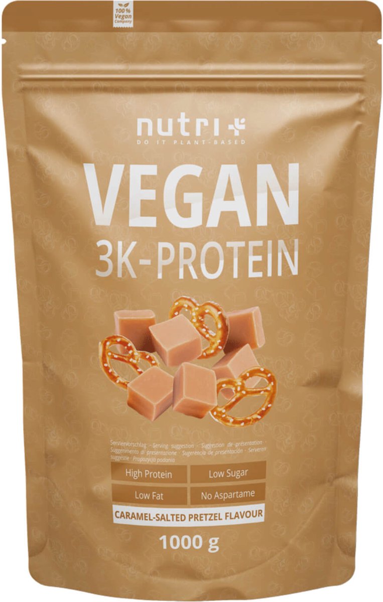 Goedkoopste nutri Vegan 3K Protein - Eiwitpoeder Caramel Salted Pretzel - Veganistisch proteïne poeder - met proteïnen uit soja, erwten en zonnebloem - lactosevrij en glutenvrij - 1000 g