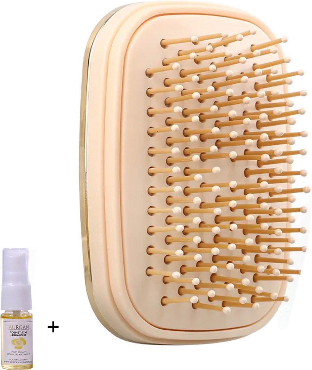 Aurgan Anti-Klit Haarborstel - Goud - Comfortabele Kussen - Zelfreinigende Borstel met spiegel - inclusief 10ml Aurgan arganolie