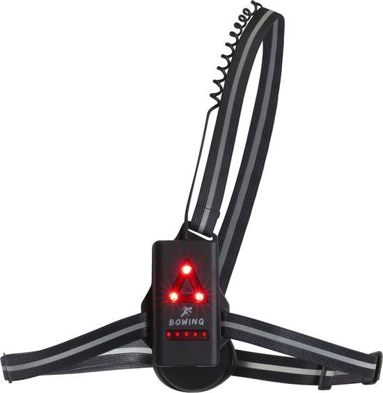 Lampe de poitrine noire avec LED triangulaires rouges, cinq LED horizontales et sangles réfléchissantes.