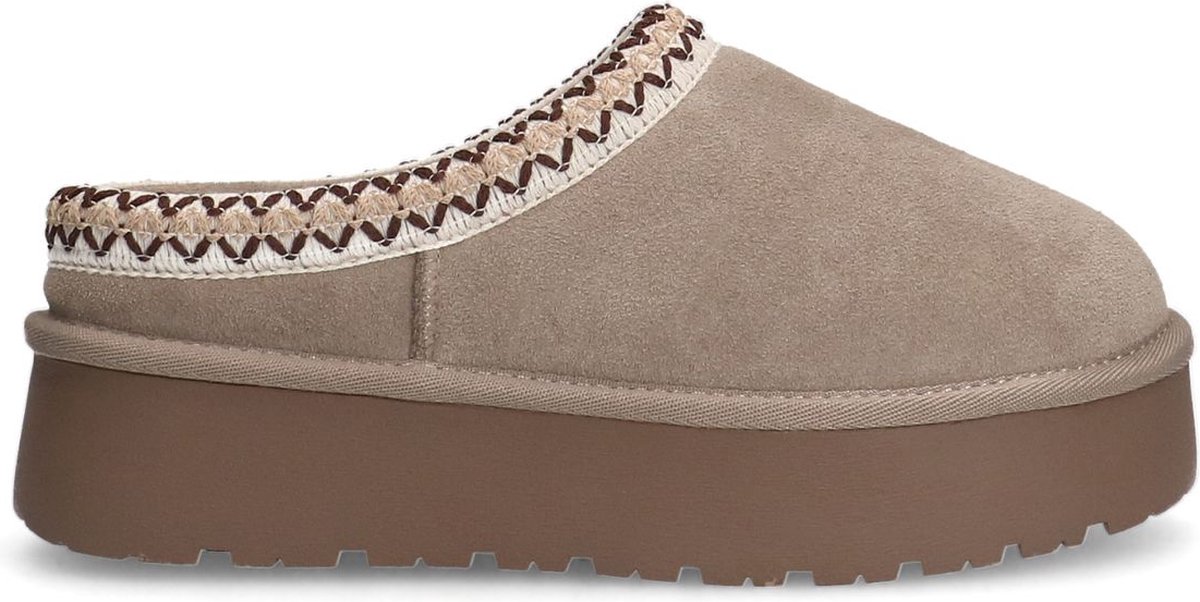 Sacha - Dames - Beige suède instappers met wol - Maat 39