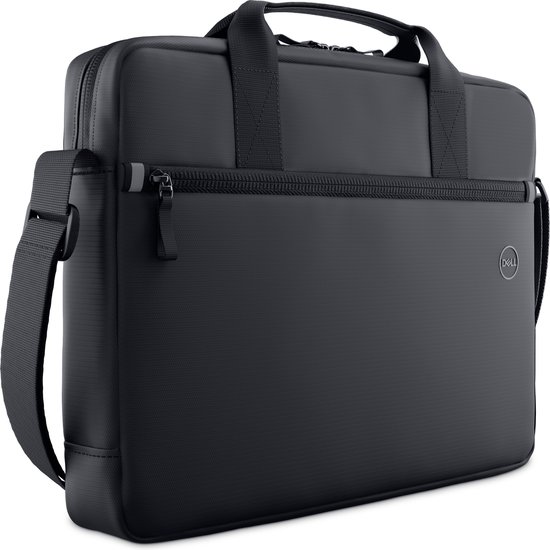 Zwarte Dell laptoptas met een Dell logo op de voorkant. De tas heeft een draaghengsel en een schouderband.