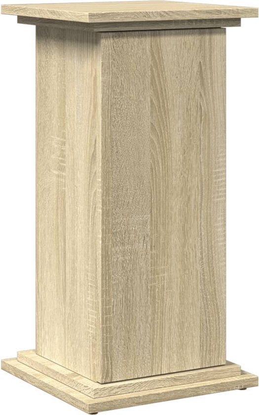 Piedestal en bois finition chêne Sonoma, avec une base et un plateau carrés.